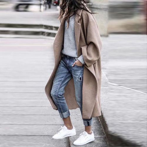 Damen Oversize Wollmantel mit fallender Schulter, offener Front und Eingrifftaschen Drune