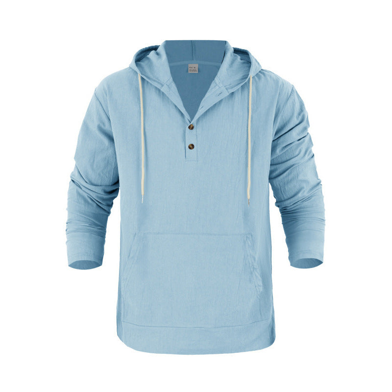 Herren nan Leinenoptik Henley-Kapuzenpullover mit Knopfleiste und Kängurutasche Drune