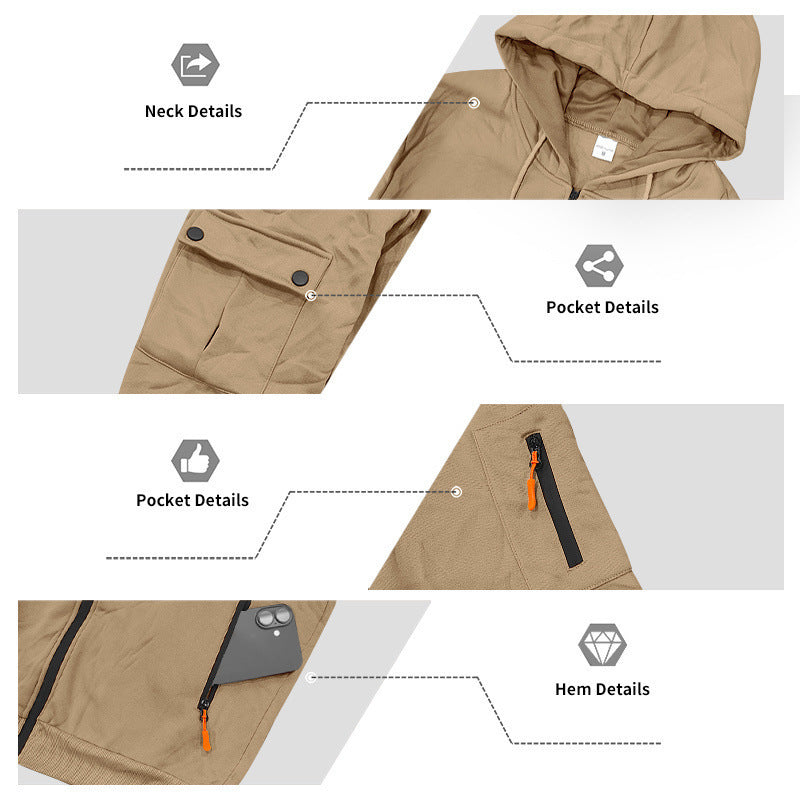 Herren Kapuzen-Sweatjacke mit durchgehendem Reißverschluss und mehreren Sicherheits-Taschen Drune