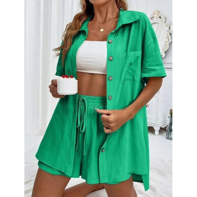 Damen luftiges Zweiteiliges Set mit Hemdbluse und Shorts Drune