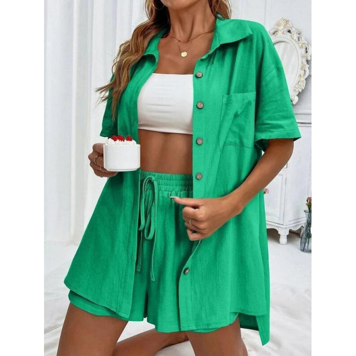 Damen luftiges Zweiteiliges Set mit Hemdbluse und Shorts Drune