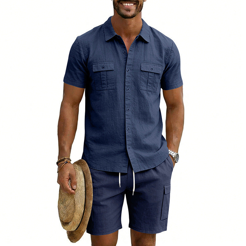 Herren nan sommerliches Freizeitset aus Baumwoll-Leinenmix mit Kurzarm-Hemd und Cargo-Shorts Drune