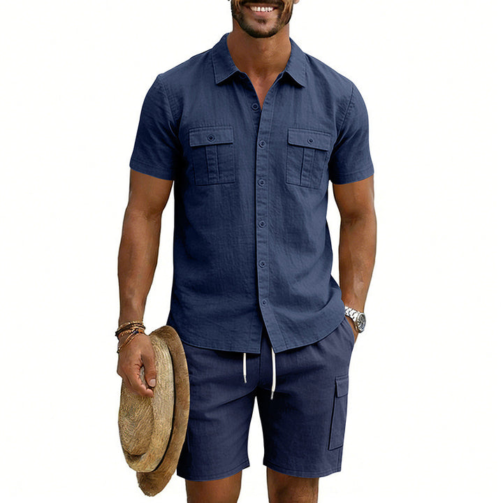 Herren nan sommerliches Freizeitset aus Baumwoll-Leinenmix mit Kurzarm-Hemd und Cargo-Shorts Drune