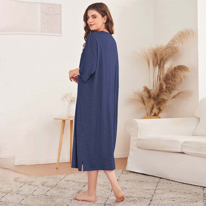 Damen legeres Oversize-Nachthemd mit Brusttasche und seitlichen Schlitzen Drune