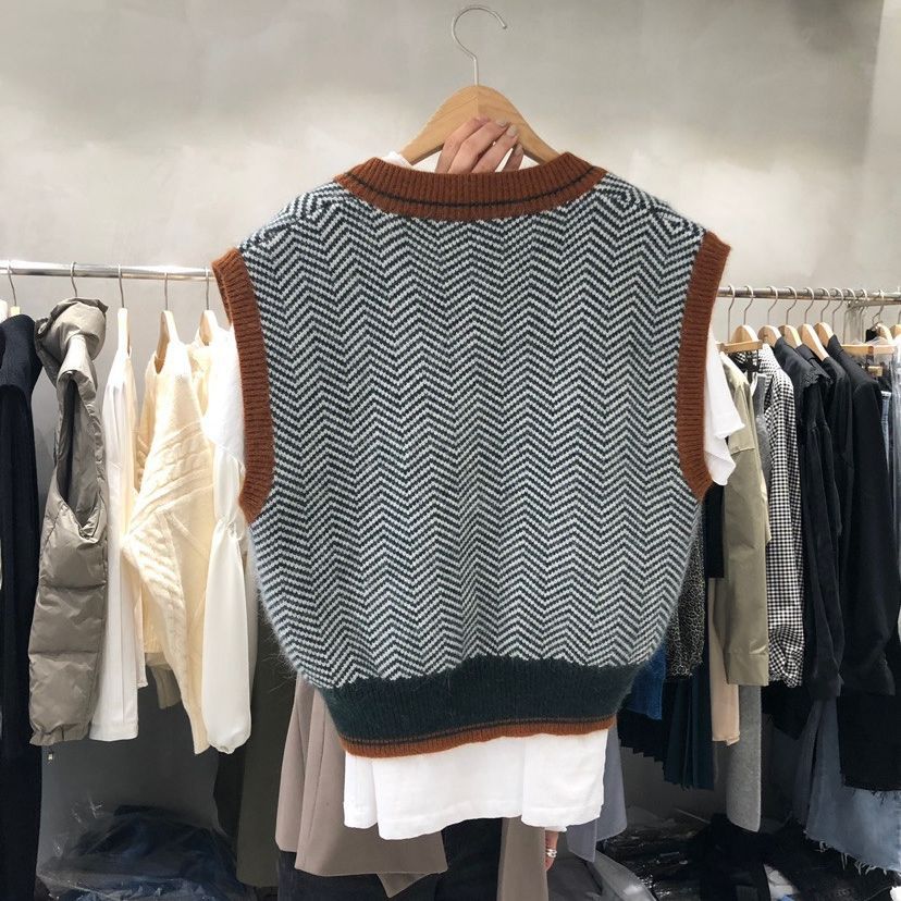 Damen Strickweste mit V-Ausschnitt und Chevron-Muster Drune
