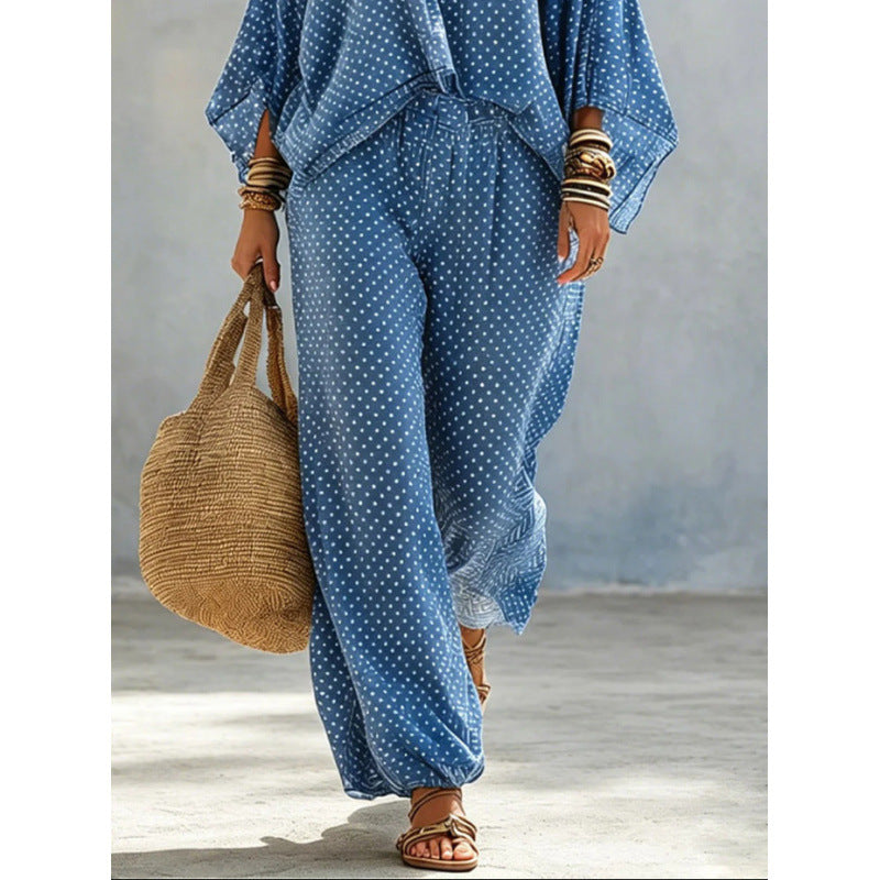 Damen Boho-Lounge-Set mit weitem V-Ausschnitt, Fledermausärmeln und elastischer Bund-Palazzohose Drune