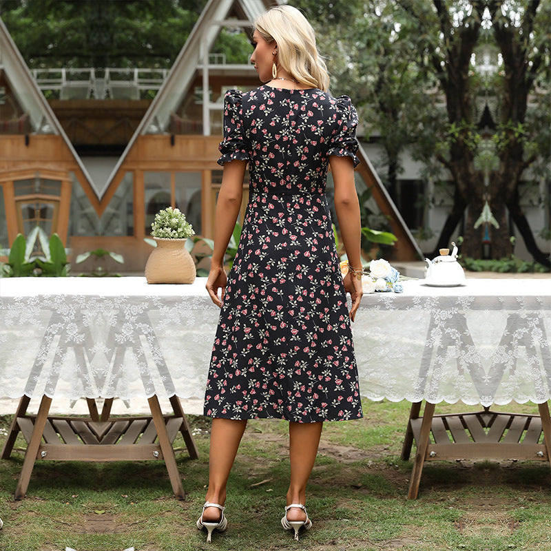 Damen Midikleid mit floralem Design und voluminösen Puffärmeln Drune