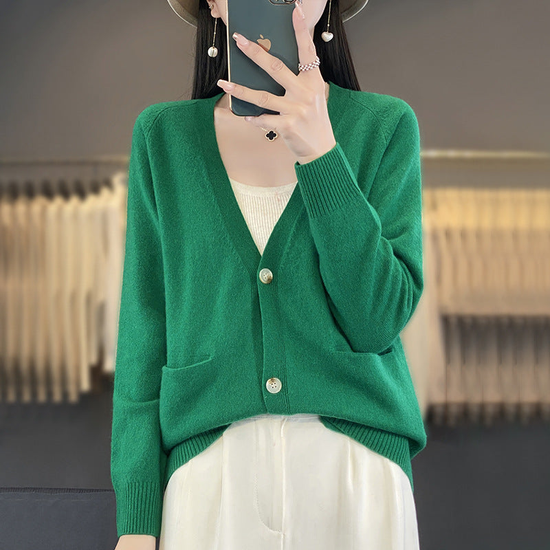 Damen Lässiger Feinstrick-Cardigan mit V‑Ausschnitt, Eingrifftaschen und breitem Rippbund Drune