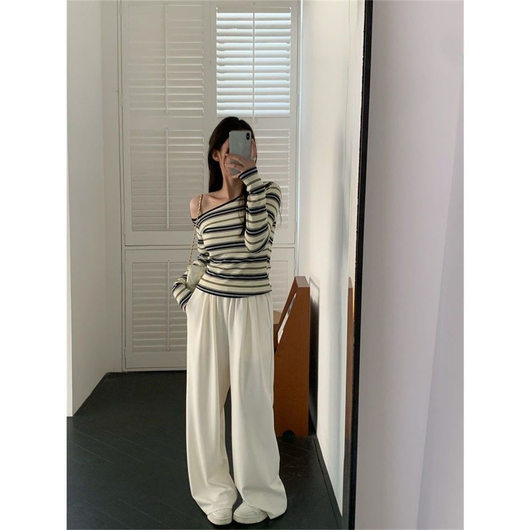 Damen trendiges Langarmshirt mit Off-Shoulder Design und maritimem Streifenmuster Drune