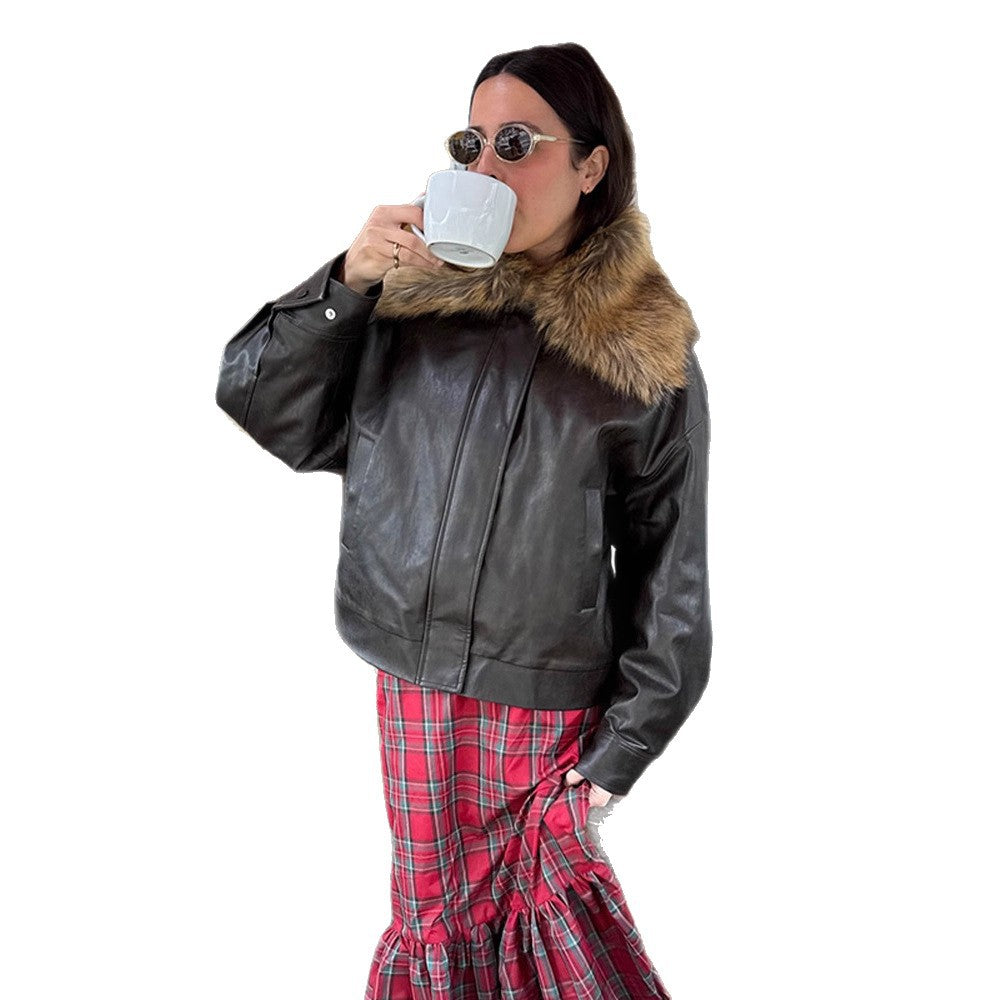 Damen Boxy Lederimitat-Blouson mit abnehmbarem Webpelzkragen und verdeckter Knopfleiste Drune