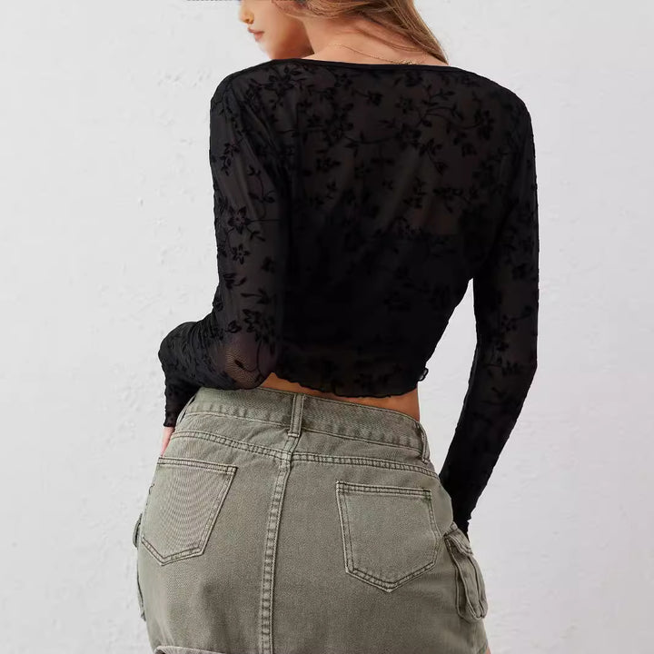 Damen nan tailliertes bauchfreies Netzoberteil mit floraler Samtflock-Verzierung und Bindeband Drune
