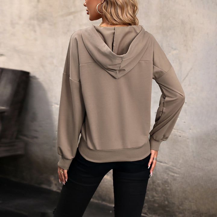Damen Kapuzen-Henley-Pullover mit Druckknopfleiste, überschnittener Schulter und geripptem Saum Drune