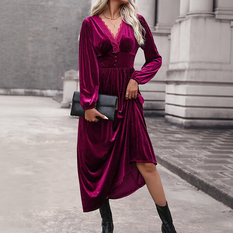 Damen Samt-Maxikleid mit V-Ausschnitt und Empire-Taille Drune