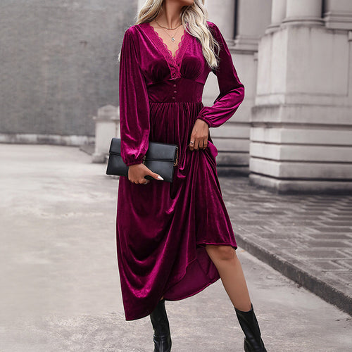 Damen Samt-Maxikleid mit V-Ausschnitt und Empire-Taille Drune
