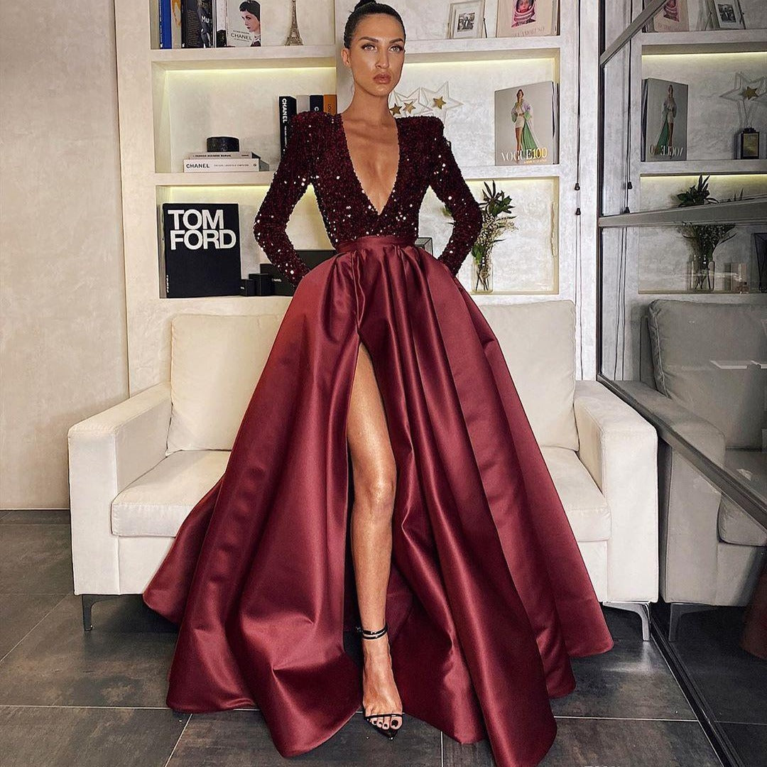Damen Glamouröses Abendkleid mit tiefem V-Ausschnitt und hochgeschnittenem Rock Drune