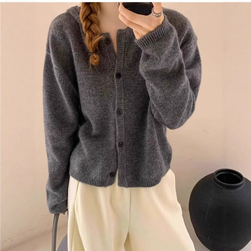 Damen gestrickte Jacke mit Kapuze und Knopfverschlüssen Drune