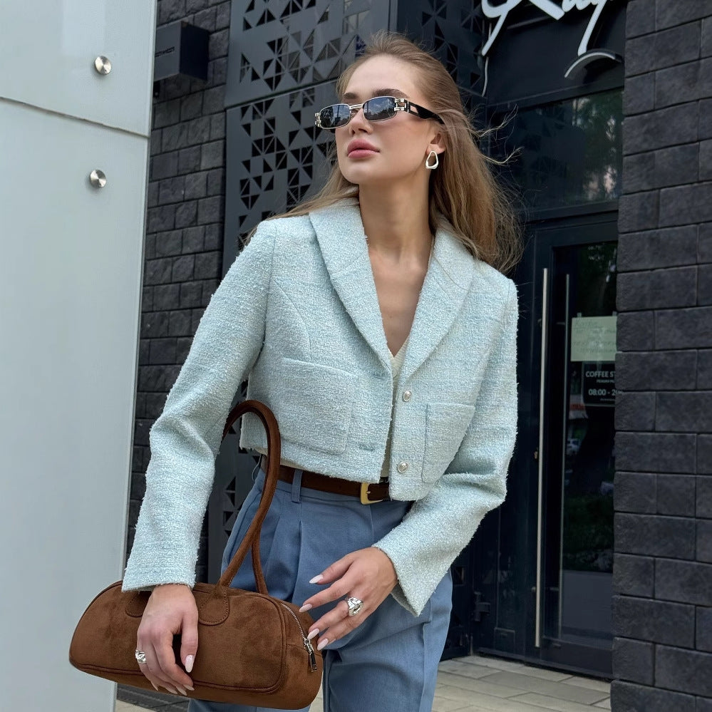 Damen elegante Kurzjacke aus hochwertigem Bouclé mit schimmernden Knopfdetails Drune