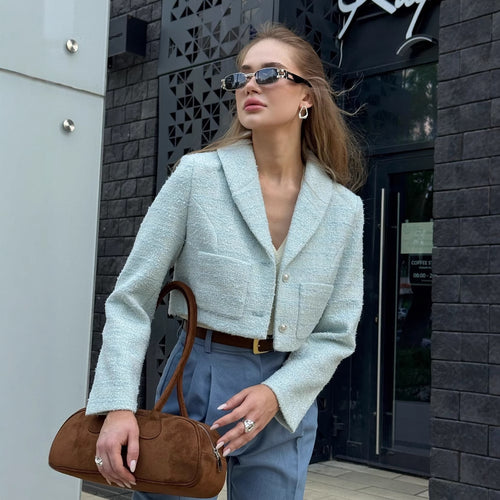 Damen elegante Kurzjacke aus hochwertigem Bouclé mit schimmernden Knopfdetails Drune
