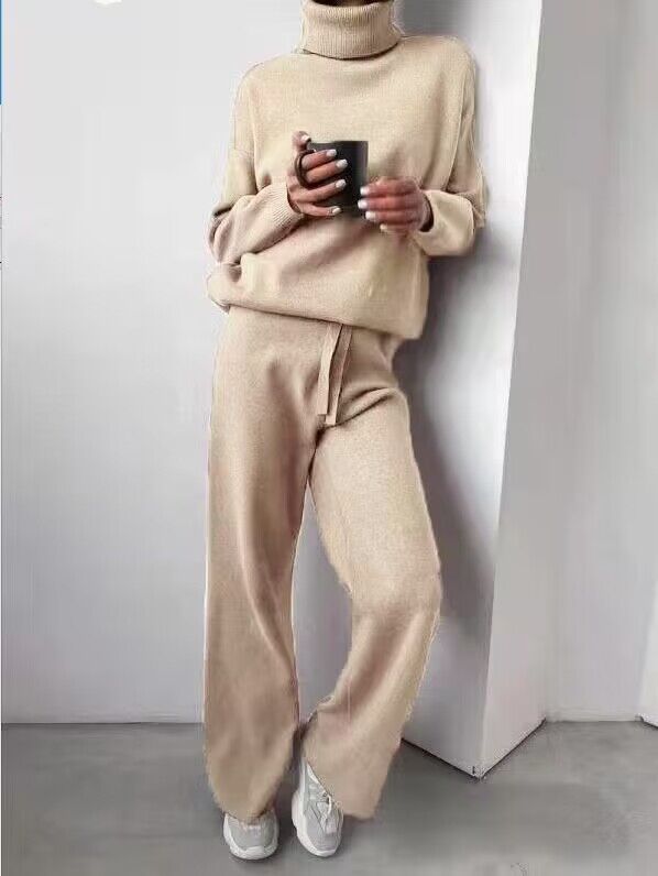 Damen kuscheliges Strick-Loungewear-Set mit weiten Hosen und elegantem Rundhalsausschnitt Drune
