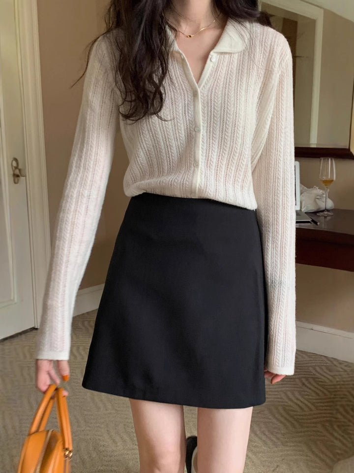 Damen Leichter Ajourstrick-Knopfccardigan mit Hemdkragen und feiner Zopfmusterstruktur Drune
