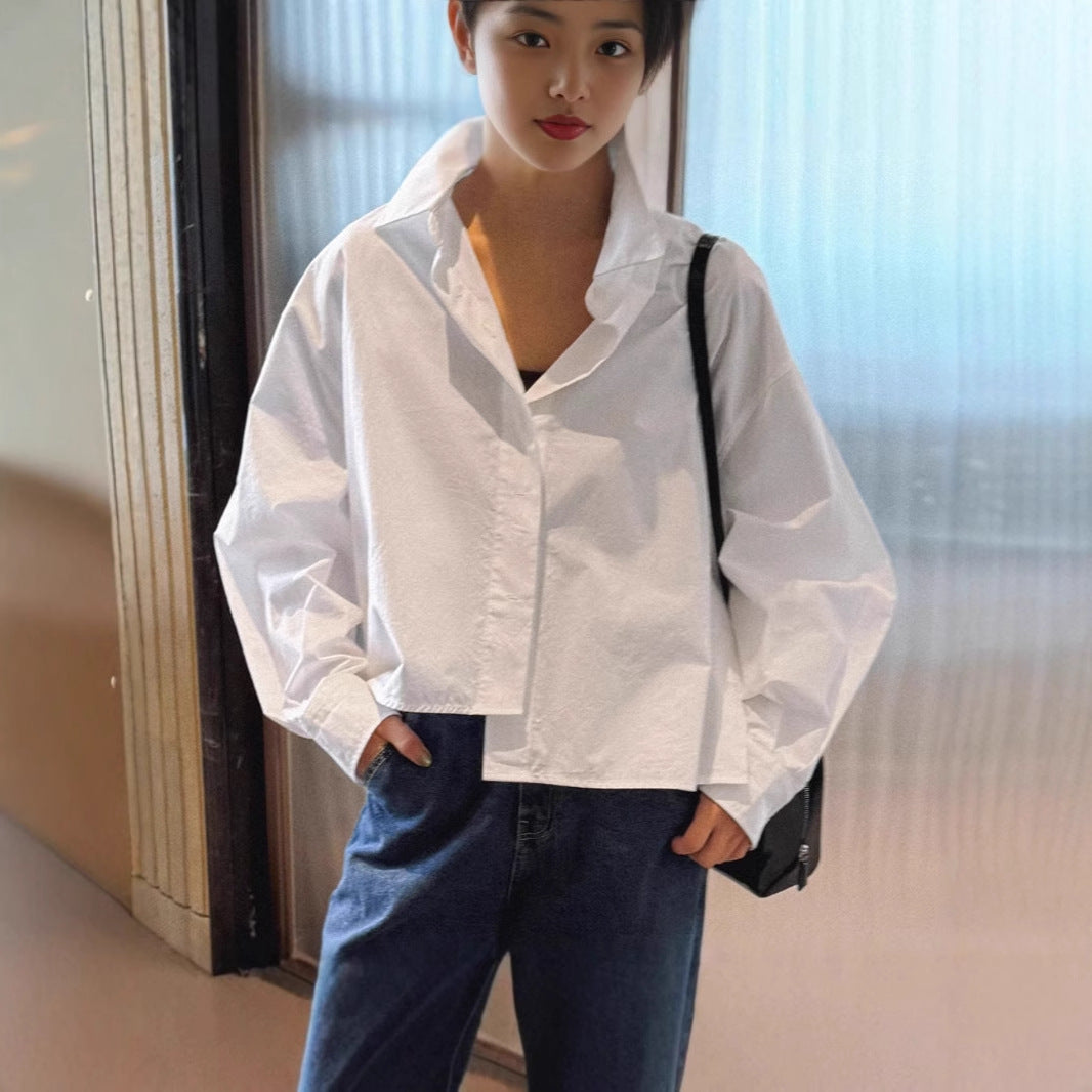 Damen Asymmetrische Cropped-Bluse aus Baumwoll-Popeline im Oversize-Schnitt Drune