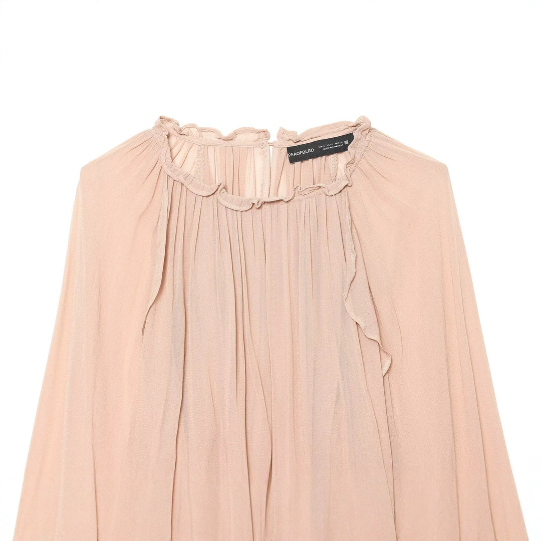 Damen Gerüschte Plissee‑Chiffonbluse mit Stehkragen und Ballonärmeln Drune