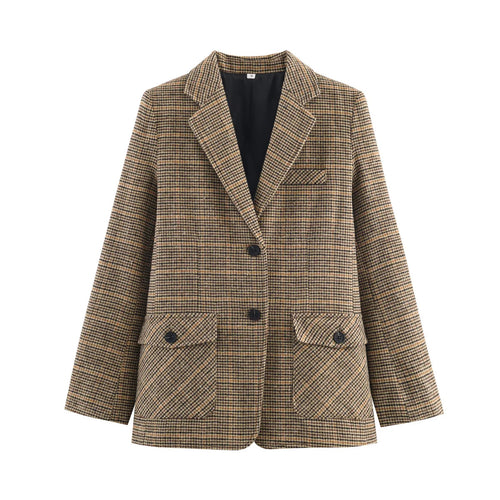 Damen nan taillierter Glencheck-Blazer mit Reverskragen und aufgesetzten Pattentaschen Drune