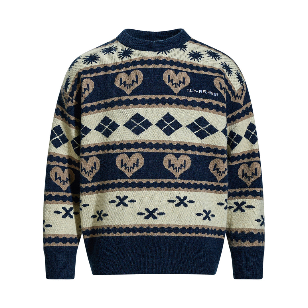 Herren Gemusterter Grobstrick-Pullover im Norwegerstil mit Rundhalsausschnitt Drune