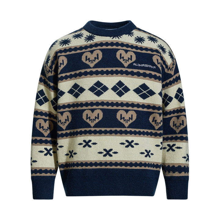 Herren Gemusterter Grobstrick-Pullover im Norwegerstil mit Rundhalsausschnitt Drune