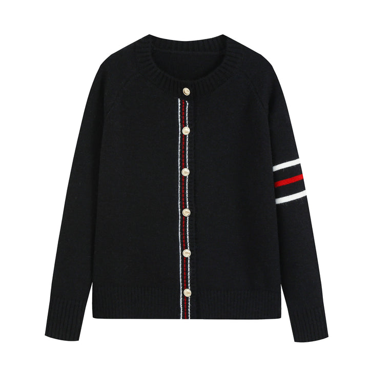 Damen Lässiger Rippstrick‑Cardigan mit Goldknöpfen und sportiven Ärmelstreifen Drune