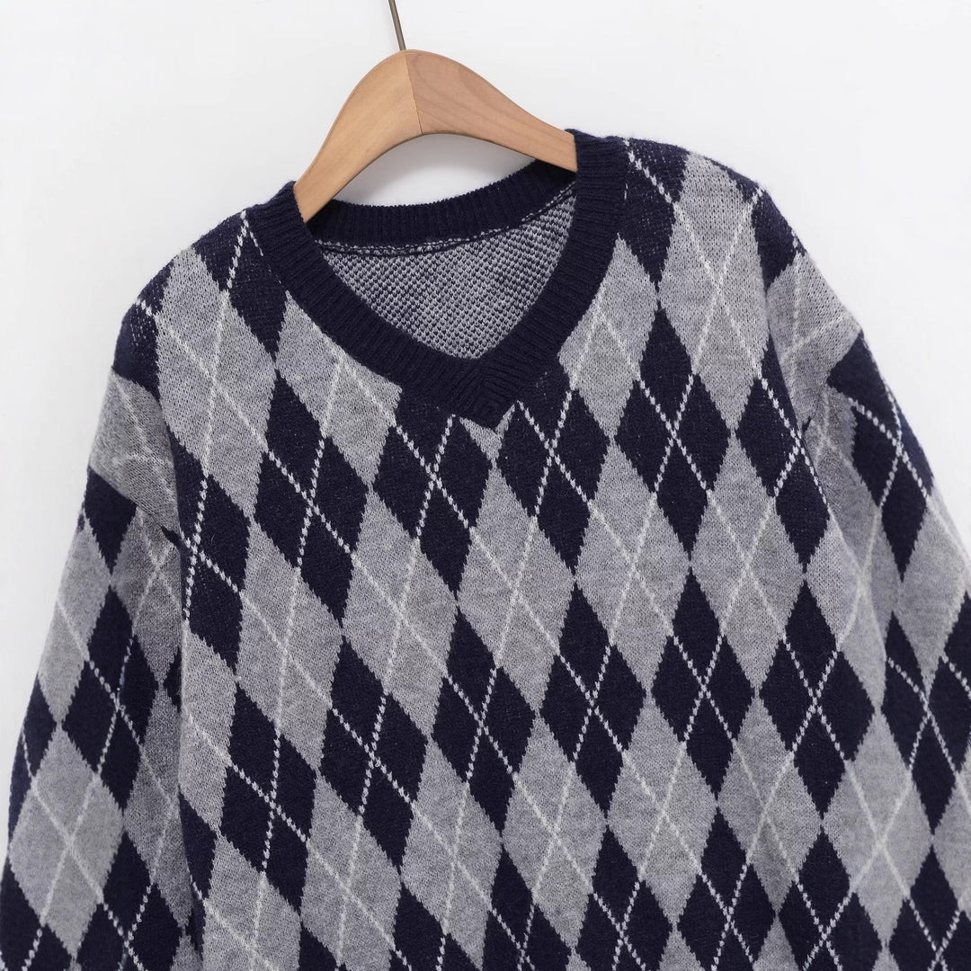 Damen Argyle V-Ausschnitt Strickpullover mit Rautenmuster Drune