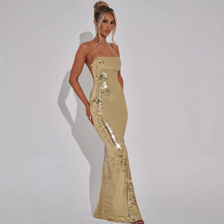 Damen Glamouröses Pailletten-Maxikleid mit schmalem Schnitt und Spaghettiträgern Drune