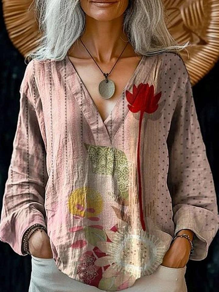 Damen Boho-Leinenmischung Tunika-Bluse mit V-Ausschnitt und floraler Aquarellstickerei Drune
