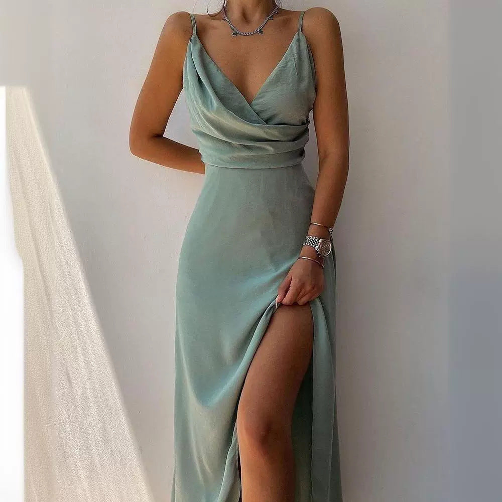 Damen elegantes Maxikleid mit tiefem Wickelausschnitt und seitlichem Schlitz Drune
