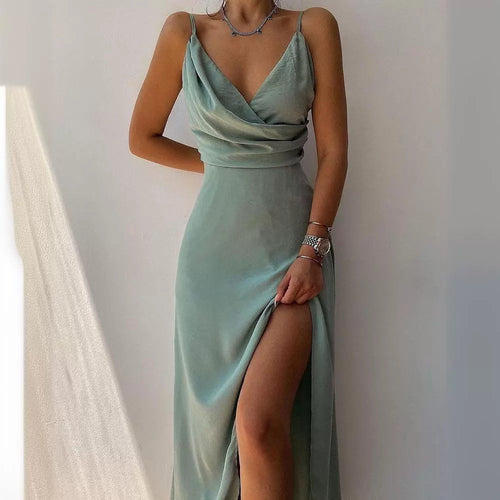 Damen elegantes Maxikleid mit tiefem Wickelausschnitt und seitlichem Schlitz Drune