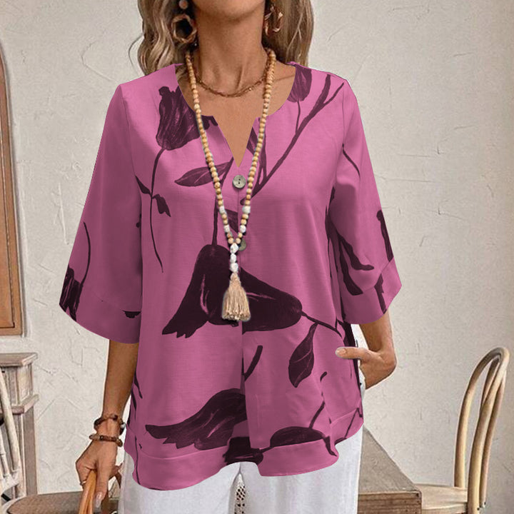 Damen Freizeit Tunika Bluse mit V-Ausschnitt, Schlitzknopf, Dreiviertelärmeln und floralem Oversize-Druck Drune
