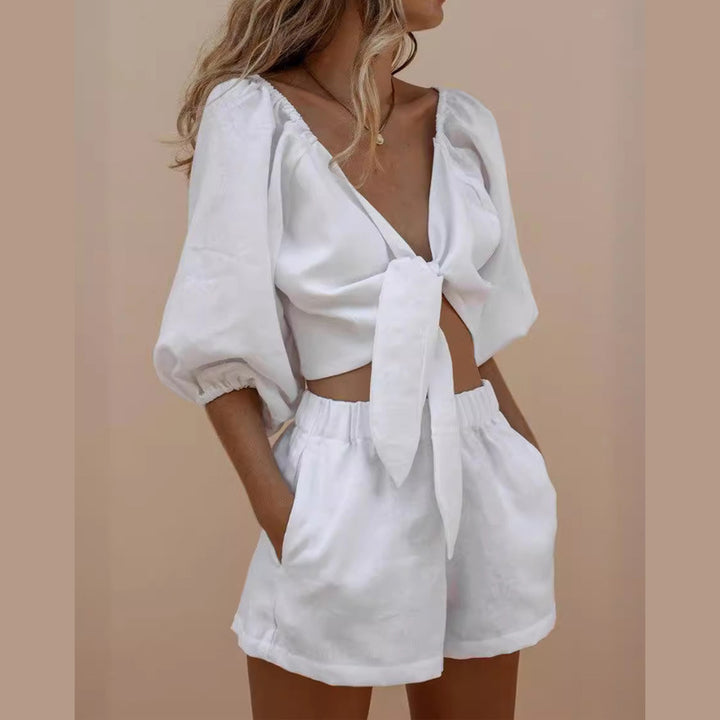 Damen Stylisches Zweiteiliges Set mit puffärmeln und Krawatte Drune