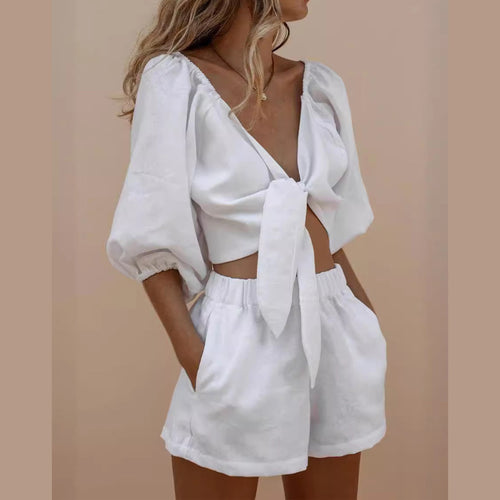 Damen Stylisches Zweiteiliges Set mit puffärmeln und Krawatte Drune