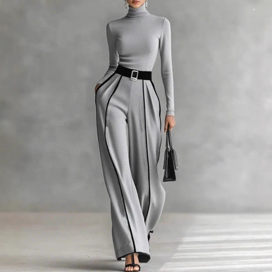 Damen nan elegantes Strickset mit tailliertem Rollkragenoberteil und weiter Plisseehose mit Taillengürtel Drune