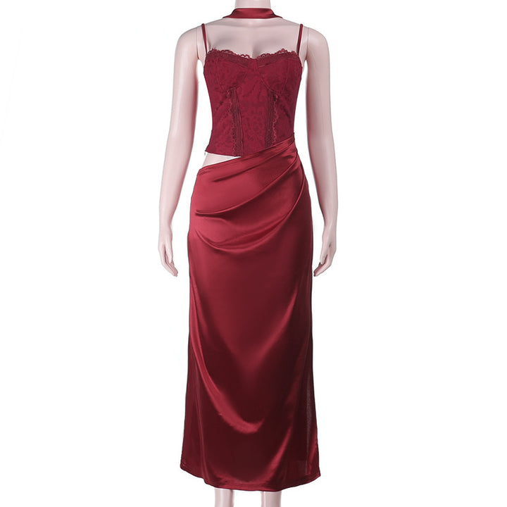 Damen elegantes Maxikleid mit Spitzenoberteil und fließendem Rock Drune