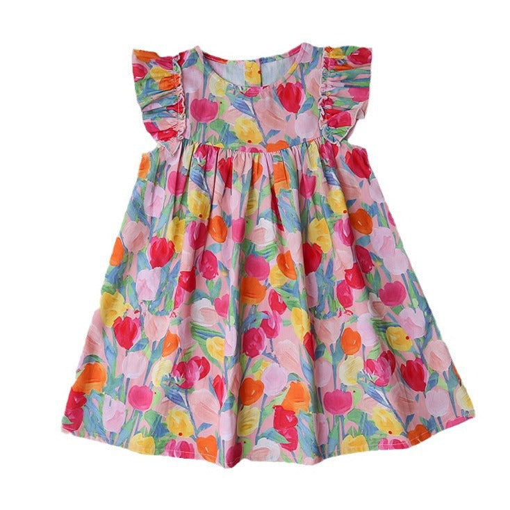 Mädchen Floral Print Rüsch A-Linie Kleid Drune