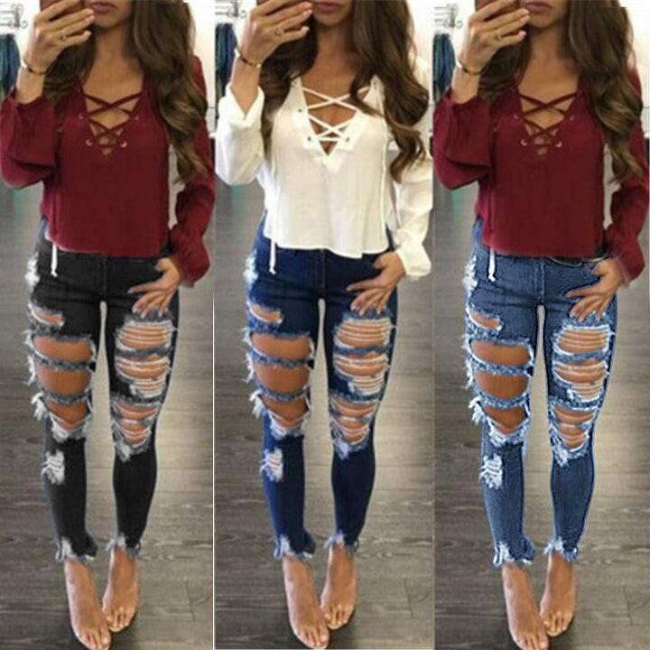 Damen Extrem zerrissene High-Waist Skinny-Jeans mit rohem Fransenbund Drune