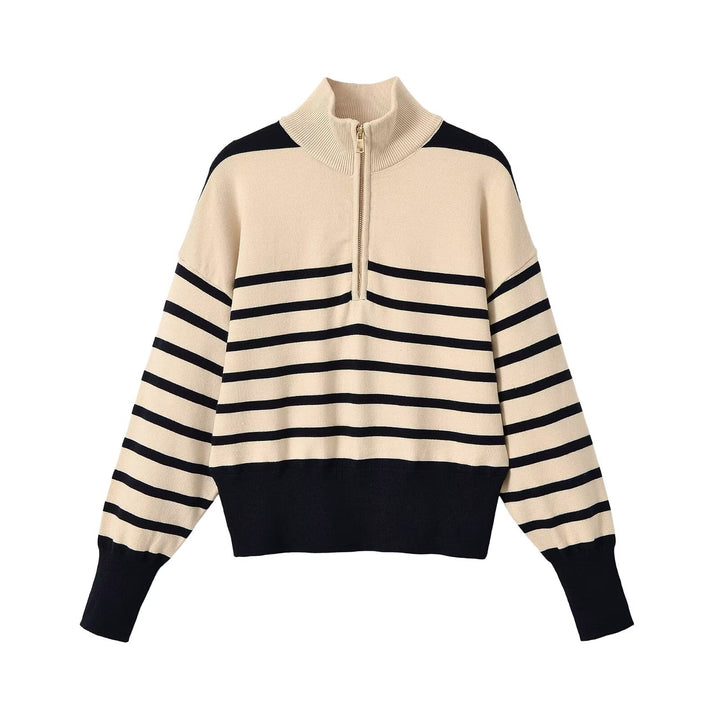 Damen Gestreifter Grobstrickpullover mit halbem Reißverschluss Drune