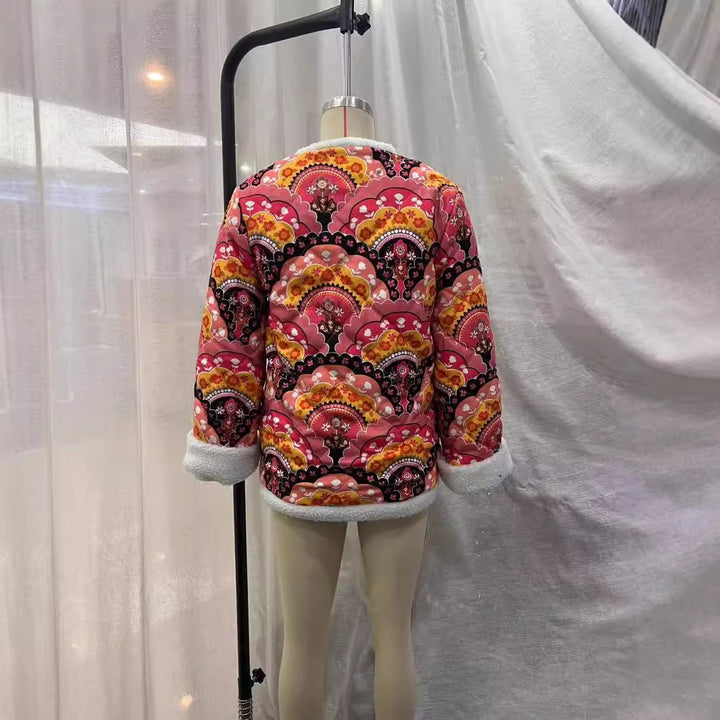 Damen nan gesteppte Kurzjacke mit Teddyfutter, Rundhals und Knopfverschluss Drune