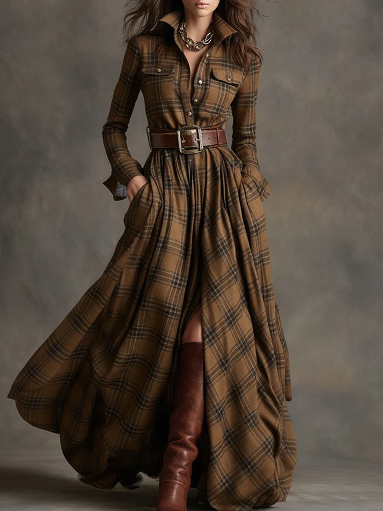 Damen nan karierte Maxikleid Hemdblusenkleid mit ausgestelltem Rock und breitem Taillengürtel Drune