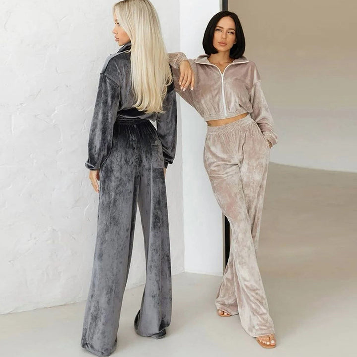 Damen luxuriöses Velours Lounge-Set mit kurzem Reißverschlussjacke und hochtaillierter Gummibund-Jogger Drune
