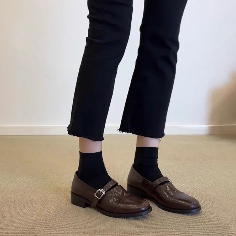 Damen Klassische Leder Mary Jane Schuhe mit verstellbarem Riemen Drune