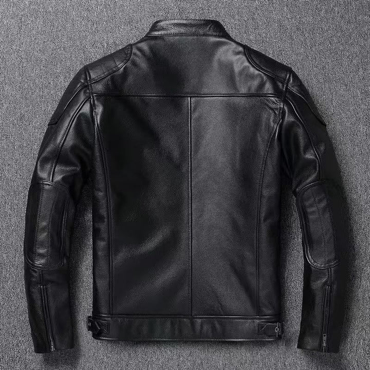 Herren Vintage Biker-Lederjacke mit Stehkragen und gesteppter Schulterpolsterung Drune