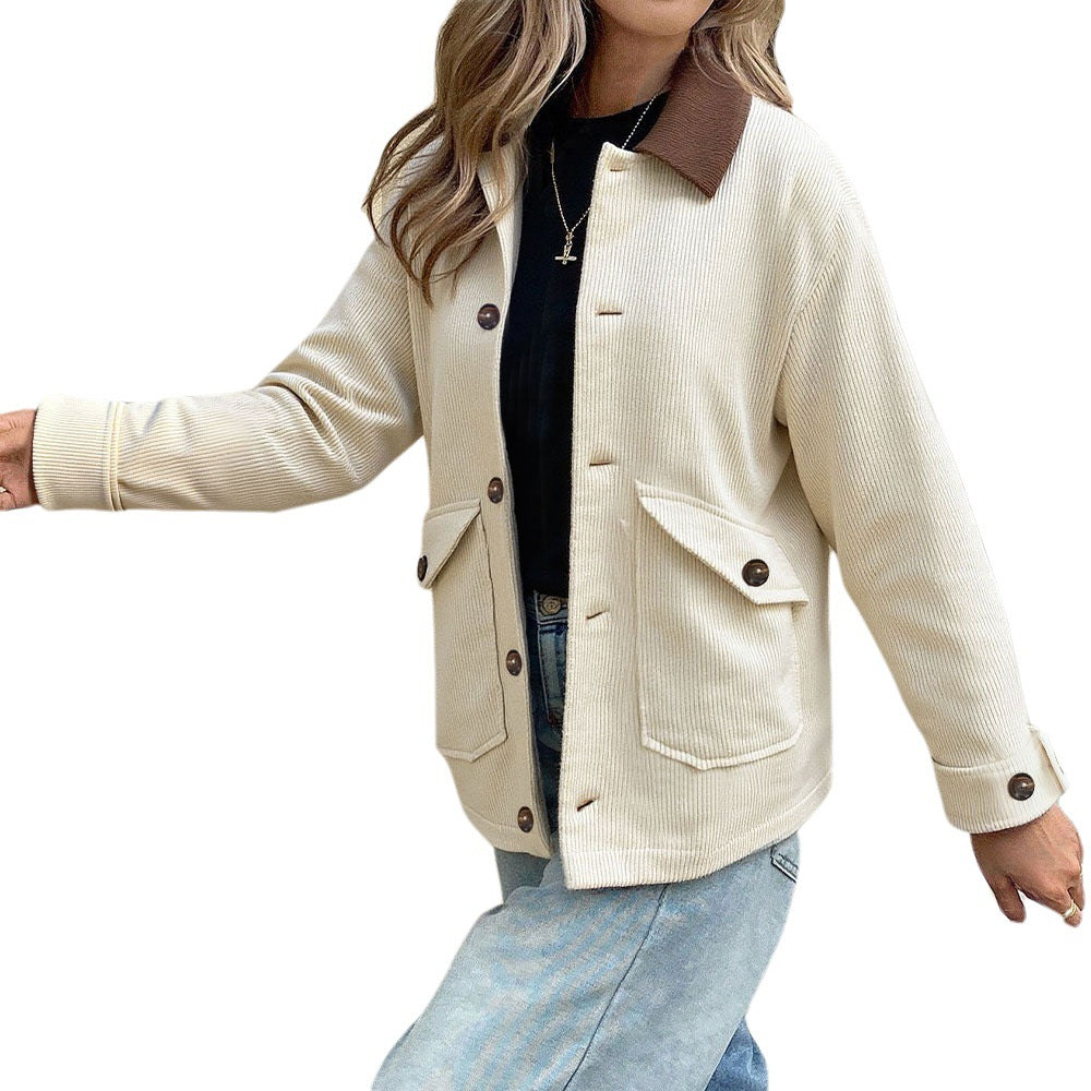 Damen Cordjacke mit kontrastkragen, aufgesetzten Taschen und Knopfleiste Drune