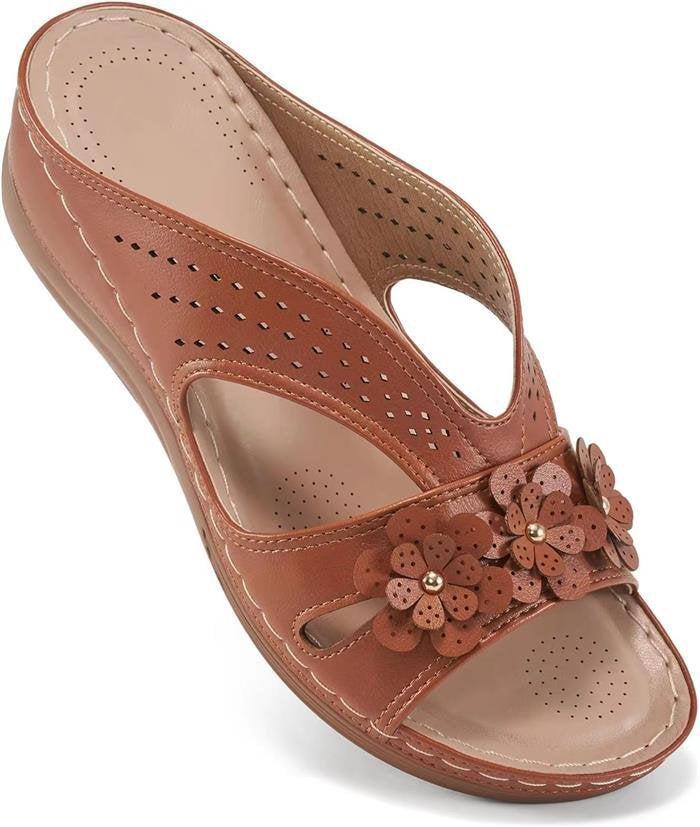 Damen Bequeme Pantoletten mit Blumenapplikation und orthopädischer Dämpfung Drune